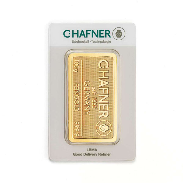 100g gold bar - C.Hafner packed front side