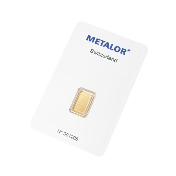1g Metalor gold bar - front packaging