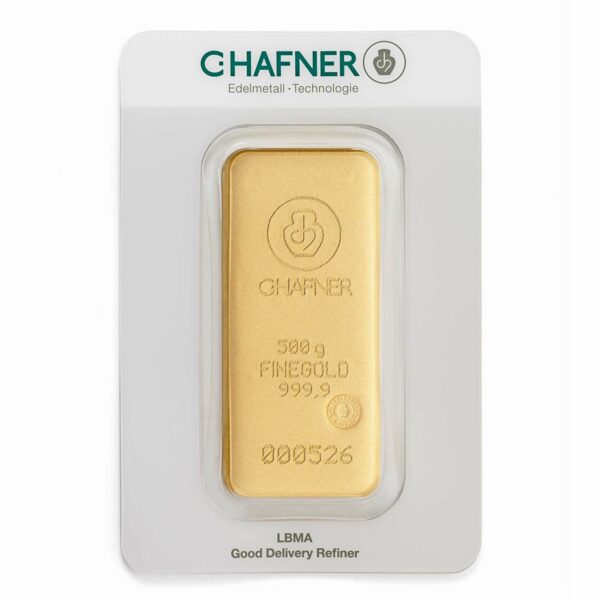 500g gold bar cast - C.Hafner - Wrapped front side
