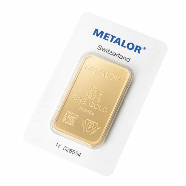 100g Metalor gold bar - front packaging